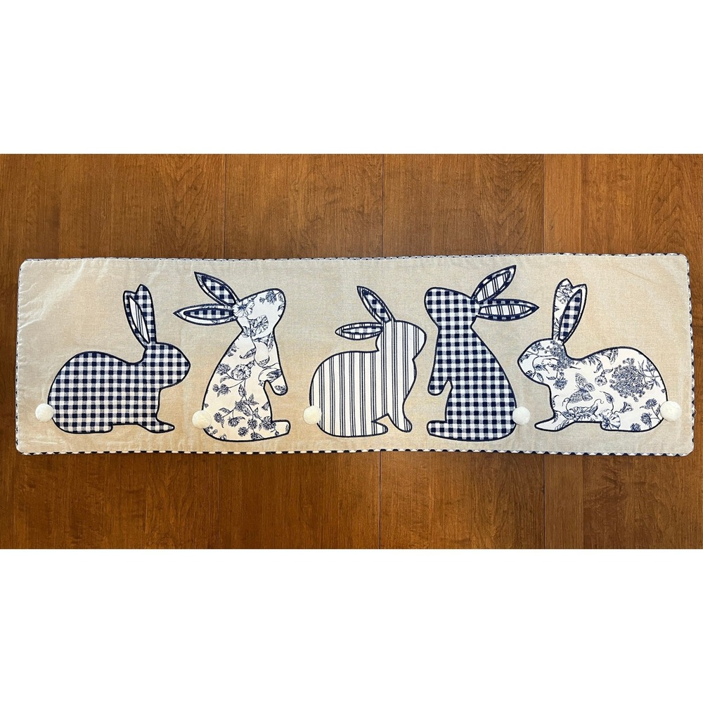 Blue White Bunny Table Runner Gingham Floral Easter Farmhouse Runner 47.5" x 14"